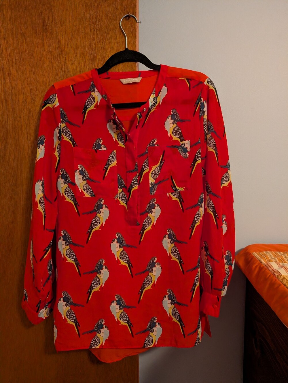 Banana Republic Sheer Red Bird-Print Women's Henley Blouse Size M